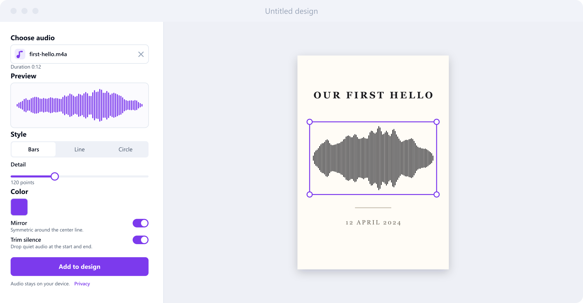 The Wavesay panel open beside a design: a chosen audio file, a live soundwave preview, style, detail, color and mirror controls, and the finished waveform placed on a poster.